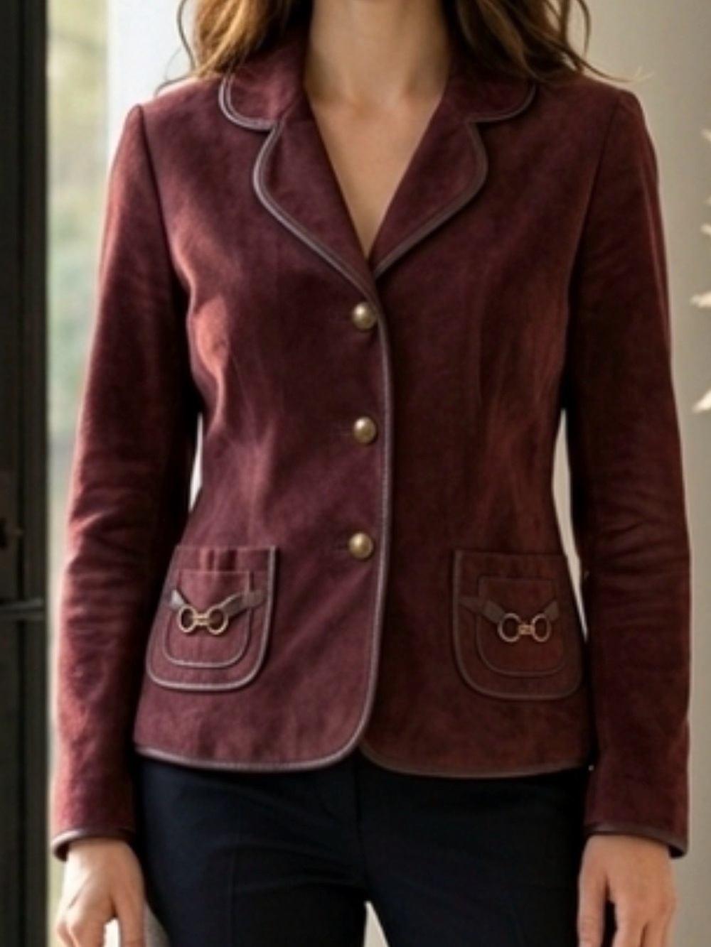 Women's Burgundy Suede Button Blazer Jacket